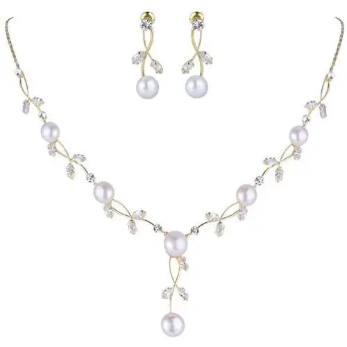 EVER FAITH CZ Crystal Cream Simulated Pearl Floral Vine Filigree Necklace Earrings Set EVER FAITH CZ Crystal Cream Simulated Pearl Floral Vine Filigree Necklace Earrings Set