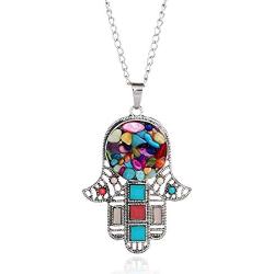 Eiffy Bohemian Hamsa Fatima Hand Necklace Pendants Colorful Rainbow Stone Beads Palm Long Sweater Chain Boho Jewelry for Women