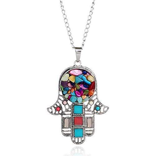 Eiffy Bohemian Hamsa Fatima Hand Necklace Pendants Colorful Rainbow Stone Beads Palm Long Sweater Chain Boho Jewelry for Women