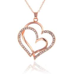 14K Rose Gold Silver Double Heart Shaped Necklace Shiny Crystal Stud Earrings Wedding Jewelry Set Best Gifts