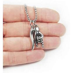 Mano Cornuto and Cornicello combo Necklace, on 24'' Box Chain, Italian Lucky Hand Horn Anti Evil Eye Good Luck Amulet Protection Charms All Stainless