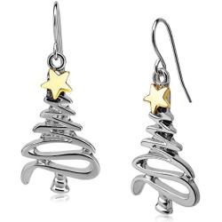 Cute Christmas Tree Piercing Dangle Earrings Golden Silver Two Tone Women Girls Holiday Gift