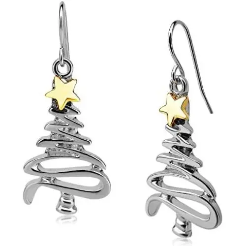Cute Christmas Tree Piercing Dangle Earrings Golden Silver Two Tone Women Girls Holiday Gift