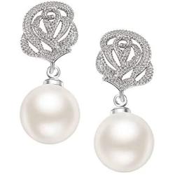 SWEETV Cubic Zirconia Pearl Drop Wedding Earrings for Brides, Ivory Bridal Pearl Earrings for Bridesmaid Jewelry Gift