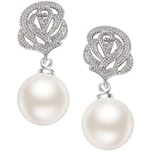 SWEETV Cubic Zirconia Pearl Drop Wedding Earrings for Brides, Ivory Bridal Pearl Earrings for Bridesmaid Jewelry Gift