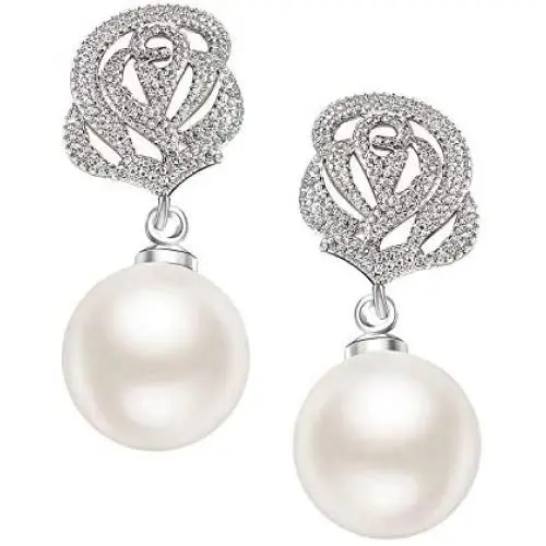 SWEETV Cubic Zirconia Pearl Drop Wedding Earrings for Brides, Ivory Bridal Pearl Earrings for Bridesmaid Jewelry Gift SWEETV Cubic Zirconia Pearl Drop Wedding Earrings for Brides, Ivory Bridal Pearl Earrings for Bridesmaid Jewelry Gift