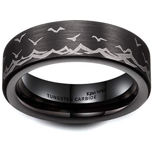 King Will Mens 6mm Tungsten Carbide Ring Inlaid with Seagull Pattern Black High Polished