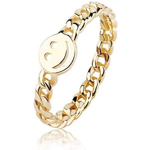 YeGieonr Gold Smiley Face Ring Happy Face Ring with Cute Chain Link Good Luck Stackable Rings for Women