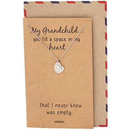 Quan Jewelry Heart Necklace from Granny, Silver Tone Charm, Grandma to Grandchild Necklaces and Birthday Card - 100% Handmade