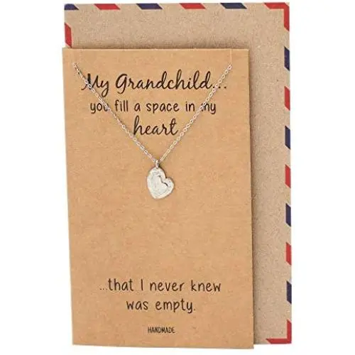 Quan Jewelry Heart Necklace from Granny, Silver Tone Charm, Grandma to Grandchild Necklaces and Birthday Card - 100% Handmade