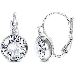 Sllaiss Austrian Crystals Bella Earrings For Women Solitaire Leverback Earrings Dainty Wedding Drop earrings Bridal Jewelry White Gold Palted