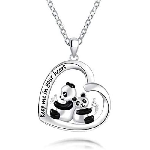 925 Sterling Silver Panda Bear Gift Lovely Animal Love Heart Necklaces Engraved Keep me in your heart Pendant Jewelry