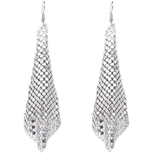 GIMEFIVE Gold Sequin Earrings Lightweight Metal Mesh Grid Tassel Drop Dangle Earrings Long Hook Earrings Women Girls
