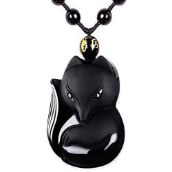 Pure Natural Obsidian Pendant Necklace Obsidian Crystal Pendant Necklace Pattern with Extend Bead Chain for Men or Women