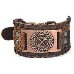 GUNGNEER Norse Vegvisir Wolf Tree of Life Yggdrasil Valknut Rope Knot Brown Leather Bracelet Viking Gift for Men Women Great Amulet
