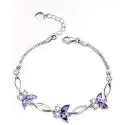 S925 Sterling Silver Purple Butterfly Bracelets for Women,Cute and Charm Wrist Bracelets Jewelry Gift for Women Teen Girls