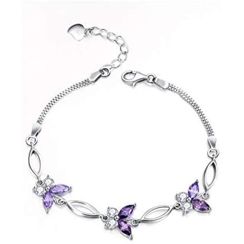 S925 Sterling Silver Purple Butterfly Bracelets for Women,Cute and Charm Wrist Bracelets Jewelry Gift for Women Teen Girls
