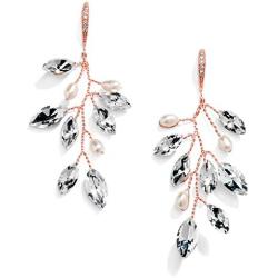 Mariell Bridal and Wedding Rose Gold Handmade Dangle Earrings, Crystal Gems and Petite Freshwater Pearls