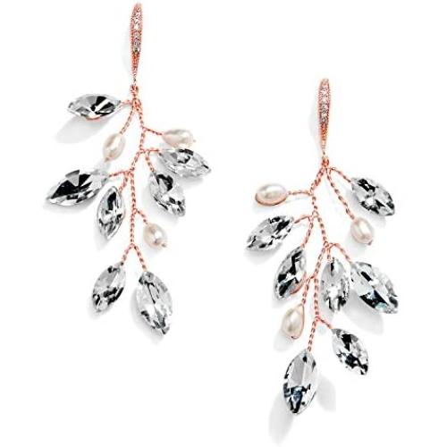 Mariell Bridal and Wedding Rose Gold Handmade Dangle Earrings, Crystal Gems and Petite Freshwater Pearls