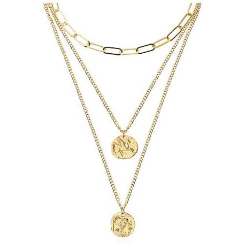 CLASSYZINT Gold Choker Layered Necklace for Women, Hammered Disc New Crescent Moon Drop Bar Circle Pendant 3 Layered Layering Necklaces for Teen Girls Gift, 14K Gold Plated