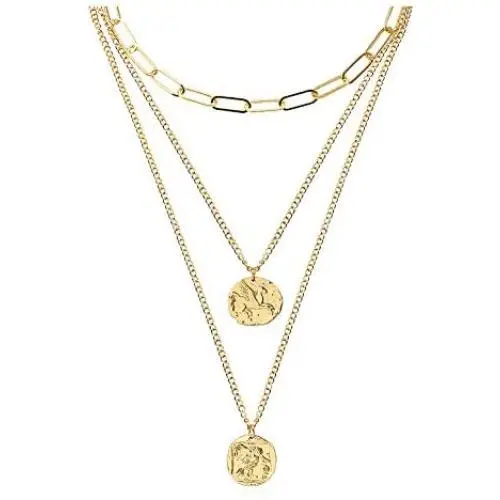 CLASSYZINT Gold Choker Layered Necklace for Women, Hammered Disc New Crescent Moon Drop Bar Circle Pendant 3 Layered Layering Necklaces for Teen Girls Gift, 14K Gold Plated