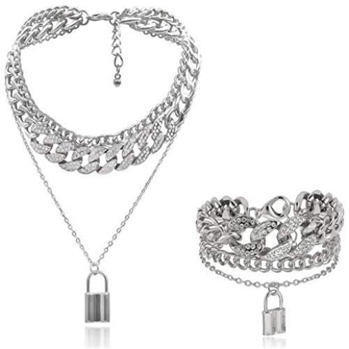 N/Q Layered Hip Hop Chunky Cuban Link Chain Rhinestone Beads Lock Pendant Necklace Bracelet for Women Girl Men Boy Shiny Crystal Bling Punk Cool Unisex Jewelry Set Nightclub Bar Accessory