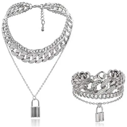 N/Q Layered Hip Hop Chunky Cuban Link Chain Rhinestone Beads Lock Pendant Necklace Bracelet for Women Girl Men Boy Shiny Crystal Bling Punk Cool Unisex Jewelry Set Nightclub Bar Accessory N/Q Layered Hip Hop Chunky Cuban Link Chain Rhinestone Beads Lock Pendant Necklace Bracelet for Women Girl Men Boy Shiny Crystal Bling Punk Cool Unisex Jewelry Set Nightclub Bar Accessory
