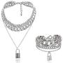 N/Q Layered Hip Hop Chunky Cuban Link Chain Rhinestone Beads Lock Pendant Necklace Bracelet for Women Girl Men Boy Shiny Crystal Bling Punk Cool Unisex Jewelry Set Nightclub Bar Accessory