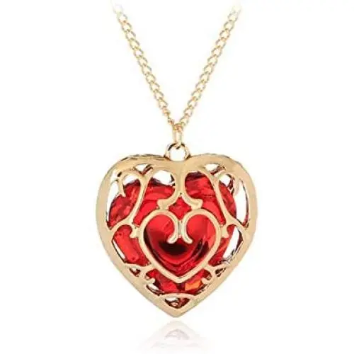 AILUOR The Legend of Zelda Skyward Sword Heart Crystal Necklace Container Keychain Cosplay Created Sapphire Ruby Big Heart Pendant Anime Jewelry Valentines Gifts for Women Girl