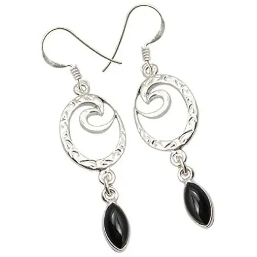 SilverStarJewel 5 x 10 mm Black Onyx Handwork Earrings 2.1'' 925 Sterling Silver New Gift SilverStarJewel 5 x 10 mm Black Onyx Handwork Earrings 2.1'' 925 Sterling Silver New Gift