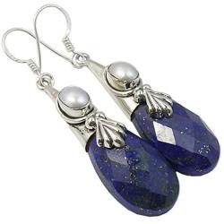 SilverStarJewel Solid Sterling Silver Navy Blue Lapis Lazuli Earrings 2.1'' Jewellery Gift