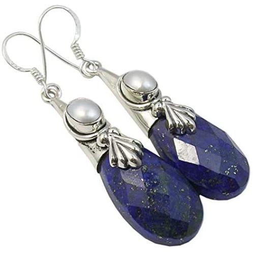 SilverStarJewel Solid Sterling Silver Navy Blue Lapis Lazuli Earrings 2.1'' Jewellery Gift