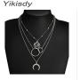 Yikisdy Beach Layerded Moon Choker Necklace Silver Map Pendant Neck Chain Boho Rings Necklaces Fashion Beaded Neck Accessory Jewelry for Women and Girls