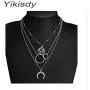 Yikisdy Beach Layerded Moon Choker Necklace Silver Map Pendant Neck Chain Boho Rings Necklaces Fashion Beaded Neck Accessory Jewelry for Women and Girls