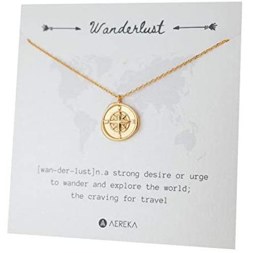 AEREKA Wanderlust Compass Necklace - Craving for Travel Minimal Jewelry for Women - Travel Buddy Idea