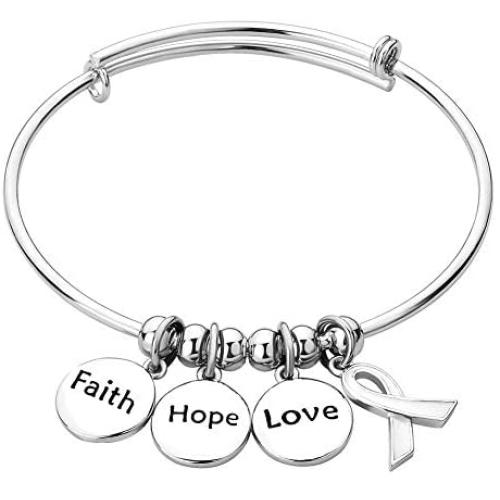 CLY Jewelry Engraved Expandable Bangle Bracelet Three Circle Pendant Faith Hope Love Cancer Ribbon Never Give Up Support and Love Ideal Gift for Women Girl Birthday