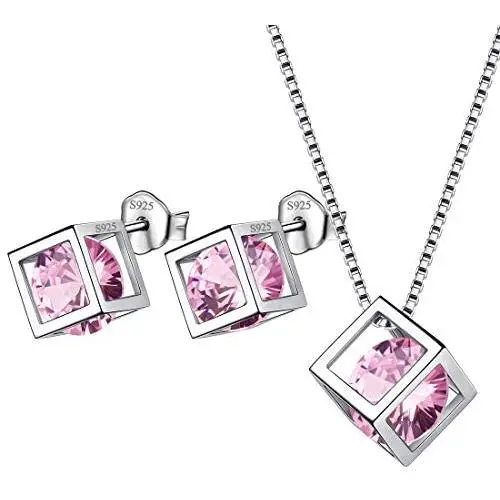 Birthstone Necklace/Earring 925 Sterling Silver Women Cross/3D Cube/Cresent Moon Birth Stone Jewelry Mens Birthday Gift Anniversary Present Birthstone Necklace/Earring 925 Sterling Silver Women Cross/3D Cube/Cresent Moon Birth Stone Jewelry Mens Birthday Gift Anniversary Present