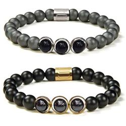 Morchic Natural Hematite Onyx 2 Pcs Energy Beaded Stretch Couples Bracelets, Womens Mens Yoga Prayer Therapy Arthritis Bangle 8mm