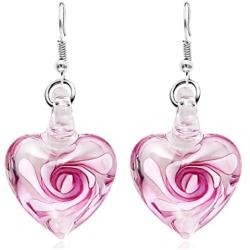 Pink Cute Handmade Glass Heart Shape Necklace earring set Floating Vivid Pendant Necklace Birthday Gift for Mon Daughter Wife Girlfriend