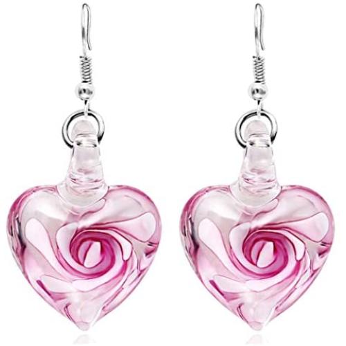 Pink Cute Handmade Glass Heart Shape Necklace earring set Floating Vivid Pendant Necklace Birthday Gift for Mon Daughter Wife Girlfriend