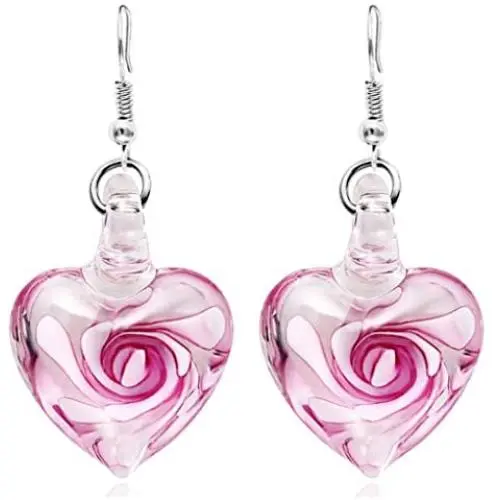 Pink Cute Handmade Glass Heart Shape Necklace earring set Floating Vivid Pendant Necklace Birthday Gift for Mon Daughter Wife Girlfriend