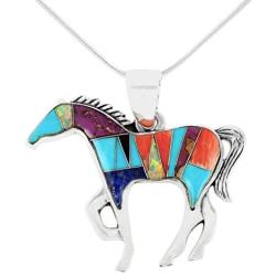 Horse Necklace Sterling Silver Genuine Turquoise & Gemstones with 20'' Chain