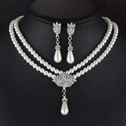 Ailer Elegant Womens Faux Pearl Two Layer Crystal Bridal Choker Necklace Statment Dangle Drop Earrings Set Silver-Tone