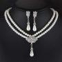 Ailer Elegant Womens Faux Pearl Two Layer Crystal Bridal Choker Necklace Statment Dangle Drop Earrings Set Silver-Tone