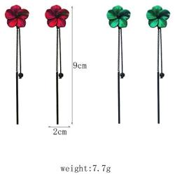 KaFu Lightweight Long Flower Tassel Dangle Earrings,Red/Green Petal Drop Earrings 925 Silver Needle Earrings for Women Girls Fashion Jewelry Birthday Gifts