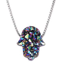 ShinyJewelry 925 Sterling Silver Fashion Box Chain Sparkly druzy Stone Necklaces Hamsa Hand Pendant Necklace for Women