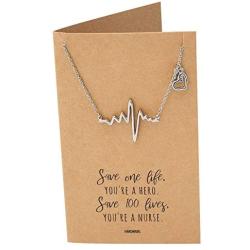 Quan Jewelry Heartbeat Pendant Cardiogram Necklace Gifts for Women, EKG Lifeline Pulse Charm Nurse Appreciation Gift with Greeting Card