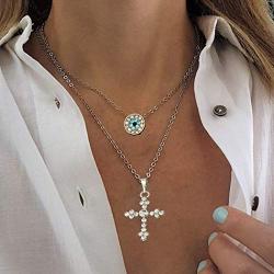 Zehory Boho Layered Cross Necklace Gold Evil Eyes Pendant Necklaces Crystal Jesus Necklaces Chain Jewelry for Women and Girls