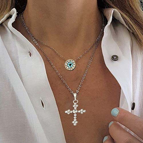 Zehory Boho Layered Cross Necklace Gold Evil Eyes Pendant Necklaces Crystal Jesus Necklaces Chain Jewelry for Women and Girls