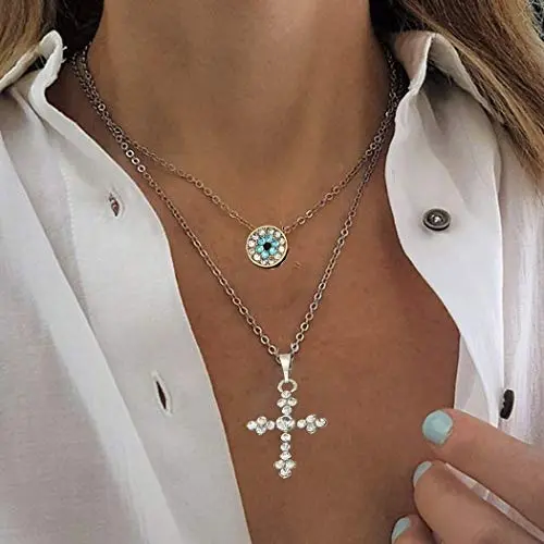 Zehory Boho Layered Cross Necklace Gold Evil Eyes Pendant Necklaces Crystal Jesus Necklaces Chain Jewelry for Women and Girls Zehory Boho Layered Cross Necklace Gold Evil Eyes Pendant Necklaces Crystal Jesus Necklaces Chain Jewelry for Women and Girls
